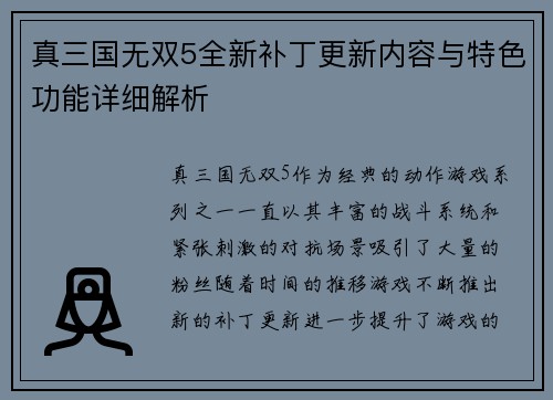 真三国无双5全新补丁更新内容与特色功能详细解析
